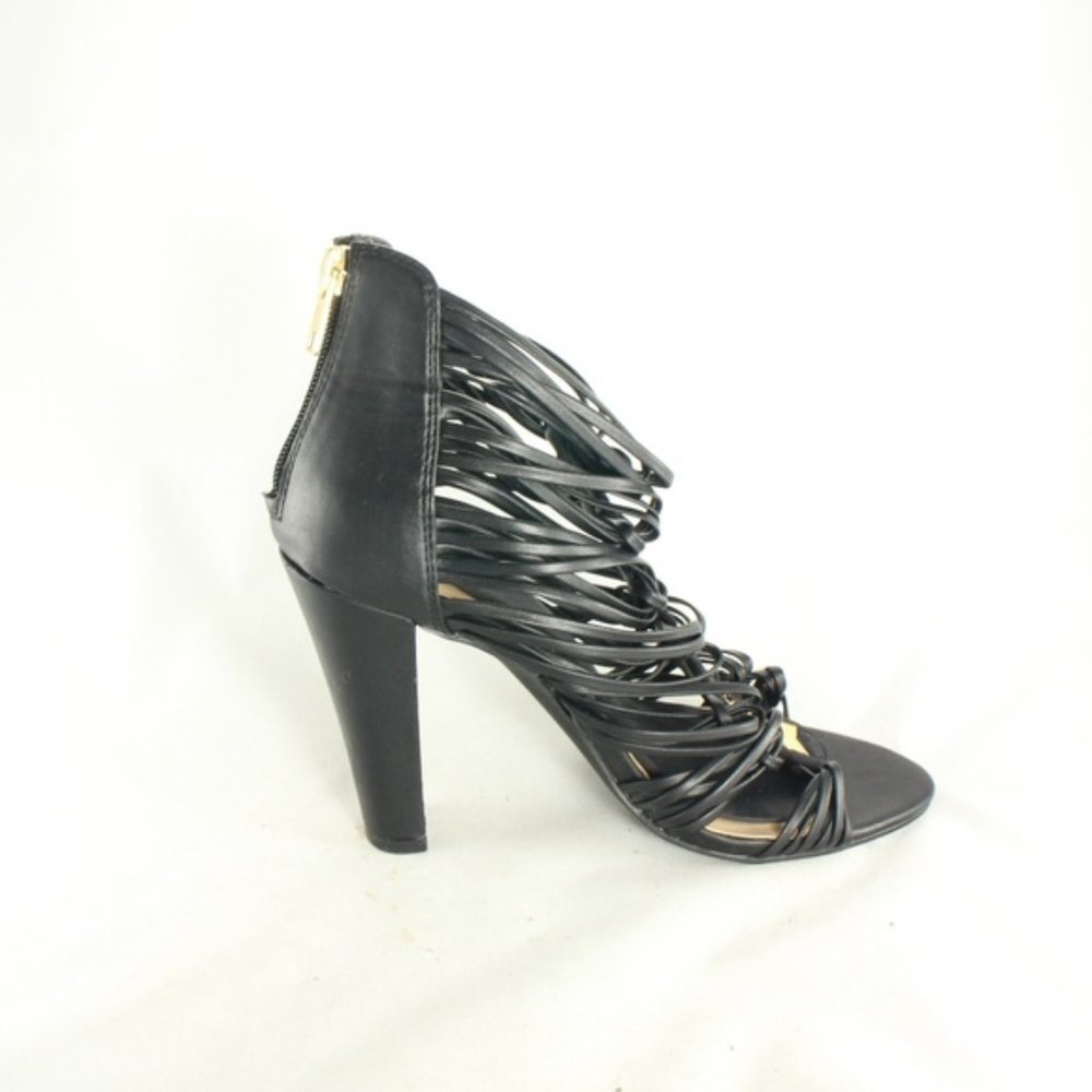 JustFab Strappy Open Toe Black Gold Sandal Heels - Picture 5 of 8